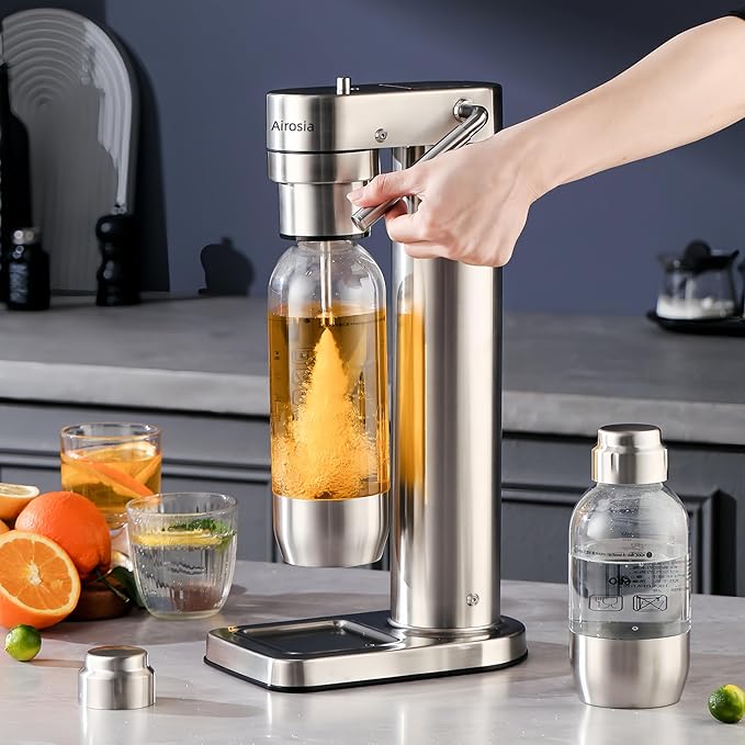 Carbonates Any Drink – Airosia Soda Maker, 304 Stainless Steel Sparkling Water Carbonator Machine with 2 BPA-Free Bottles (1L & 0.5L) and 2 CO2 Carbonator