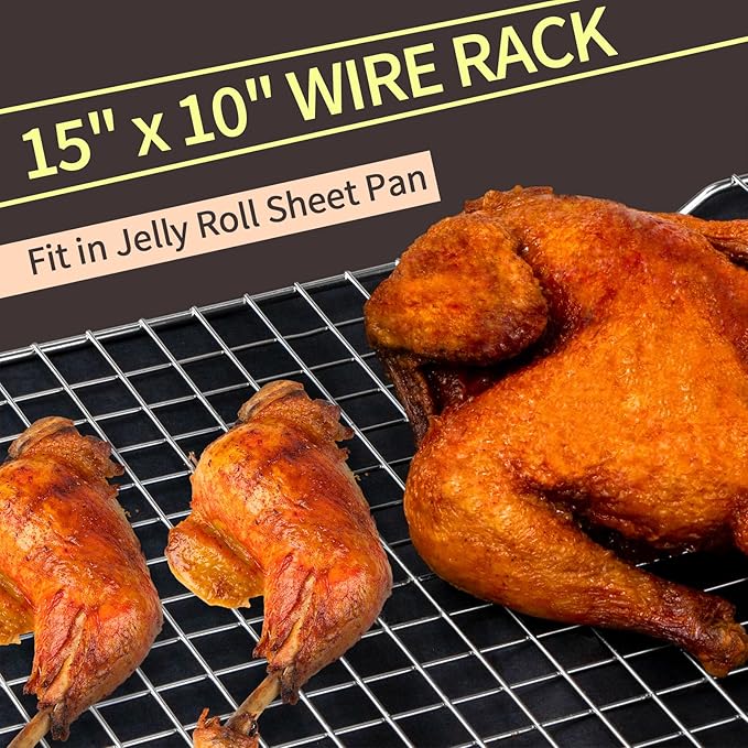 Briout 2PCS Cooling Racks for Cooking and Baking - 15x10 Inches Heavy Duty Stainless Steel Wire Rack for Baking, Grilling, Roasting - Oven & Dishwasher Safe - Fits Jelly Roll Sheet Pan-Silver