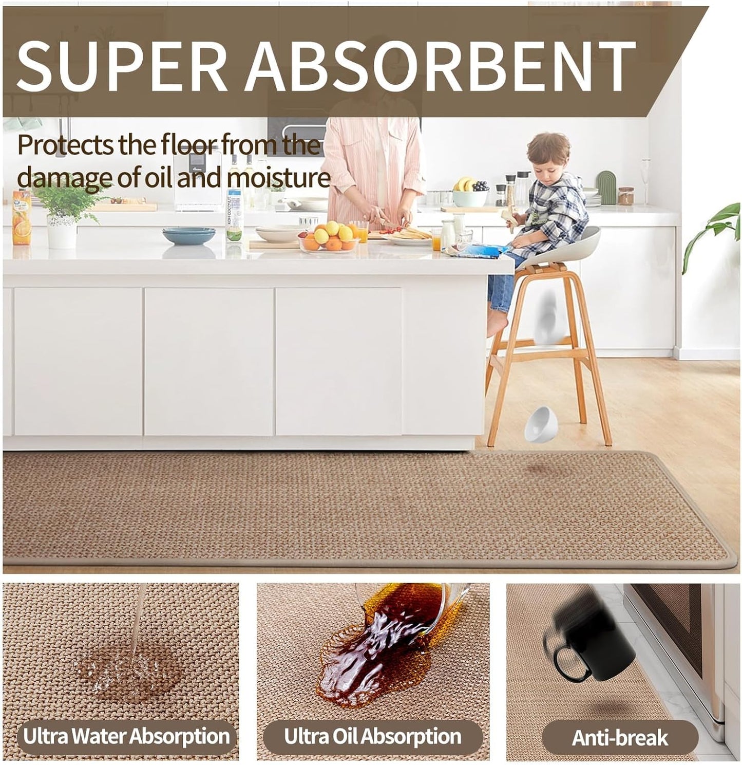 Kitchen Mats for Floor, Super Absorbent Kitchen Rugs Non Slip Washable, Soft Imitation Linen Braided Kitchen Runner Rug, Standing Mat Kitchens Sink Mat, Easy to Clean, Brown 17x95