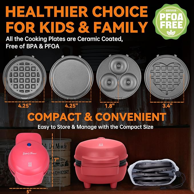 Baker's Friend 4 in 1 Mini Waffle Maker with Removable Plates, Set Includes Mini Pancake, Donut, Heart Shape Waffle Makers, Compact Size, Recipe Included, Red