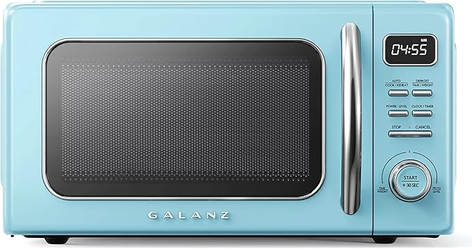 Galanz GLCMKZ11BER10 Retro Countertop Microwave Oven with Auto Cook & Reheat, Defrost, Quick Start Functions, Easy Clean with Glass Turntable, Pull Handle, 1.1 cu ft, Blue