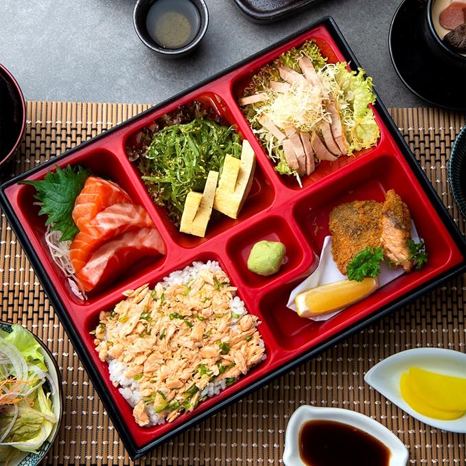 Teenyyou 1 Pcs One Layer Japanese Bento Box 12 x 9.5 x 2.2 Inch Divided Bento Box Adult Japanese Lunch Container with Greaseproof for Sushi Home Office Restaurant Gift