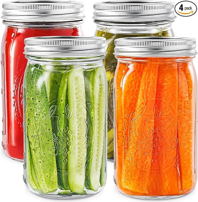 Miuyhji Wide Mouth Mason Jars 32 oz with Lids [4 Pack], Canning Jars with Metal Airtight Lids and Bands, 32 oz Glass Jars for Fermenting, Pickling, Freezing, Preserving, Meal Prep, Jar Décor