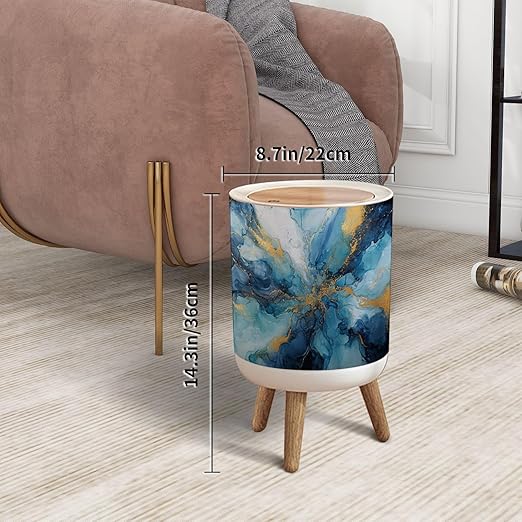 Trash Can with Lid Abstract visual blue marble style painting glitter gold veins white Press Top Round Small Garbage Bin with Wooden Legs Waste Basket for Kitchen Bedroom Nursery 7L/1.8 Gallon