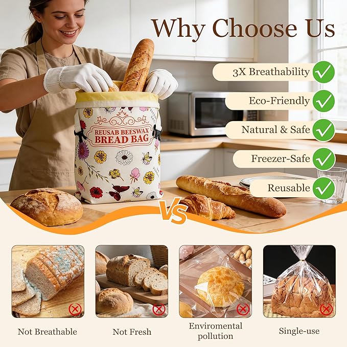2 Pack Reusable Beeswax Bread Bags for Homemade Bread with Handle,17 X 13 Inch Large Cotton Sourdough Bread Storage for Fridge Freezer Counter,Keep Fresh Longer
