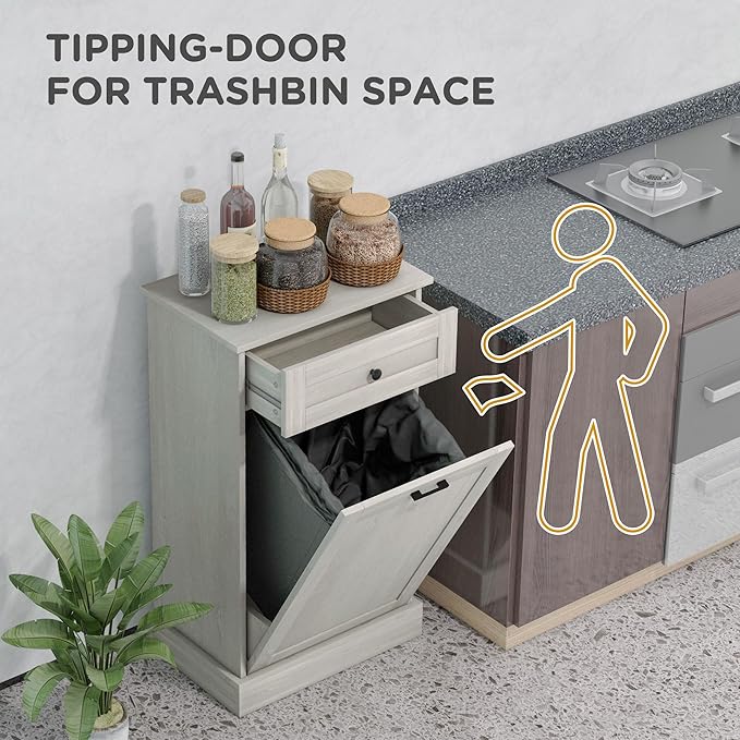 HOMCOM 10 Gallon Tilt Out Trash Cabinet, Wooden Hidden Trash Can with Storage Drawer for Kitchen, Laundry Hamper Cabinet for Bathroom, Light Gray