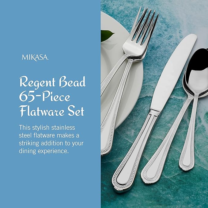 Mikasa Regent Bead 65-Piece Silverware Set, 18/10 Stainless Steel Flatware Service for 12, Includes 5 Serving Tools, Dishwasher Safe Polished Cutlery