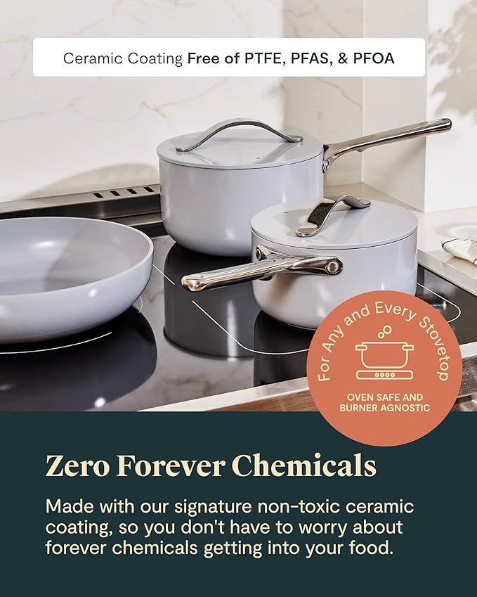 Caraway Deluxe Non-stick Ceramic Cookware Set (16 Piece) Pots, Frying Pans, Lids and Kitchen Storage - PFAS & PFOA Free - Oven Safe Pan Set & Compatible with All Stovetops - White