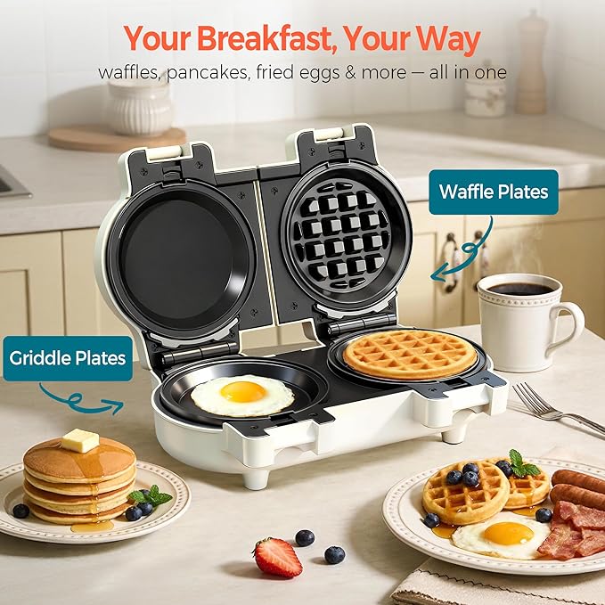 2-in-1 Double Waffle & Pancake Maker - CACHOO Mini 4" Nonstick Waffle Iron & Small Round Griddle with 4 Removable Plate Sets, Dishwasher Safe, Perfect for Small Spaces, Apartments & Dorms, Cream