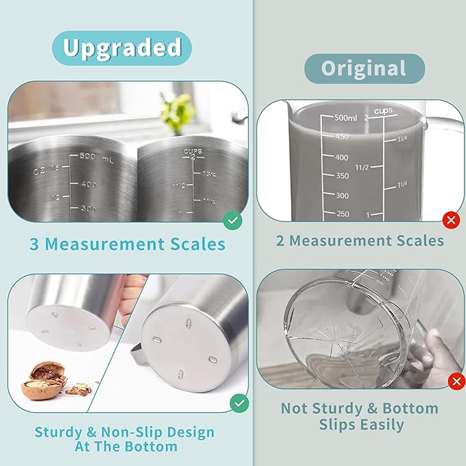Newness 3-Pack Stainless Steel Measuring Cups Set, (3 Marking Including Cup/ML/Oz Scale) (2, 3 & 4 Cup) Metal Measuring Cup with Handle For Prepping, Baking and Cooking, Dishwasher, Microwave Safe
