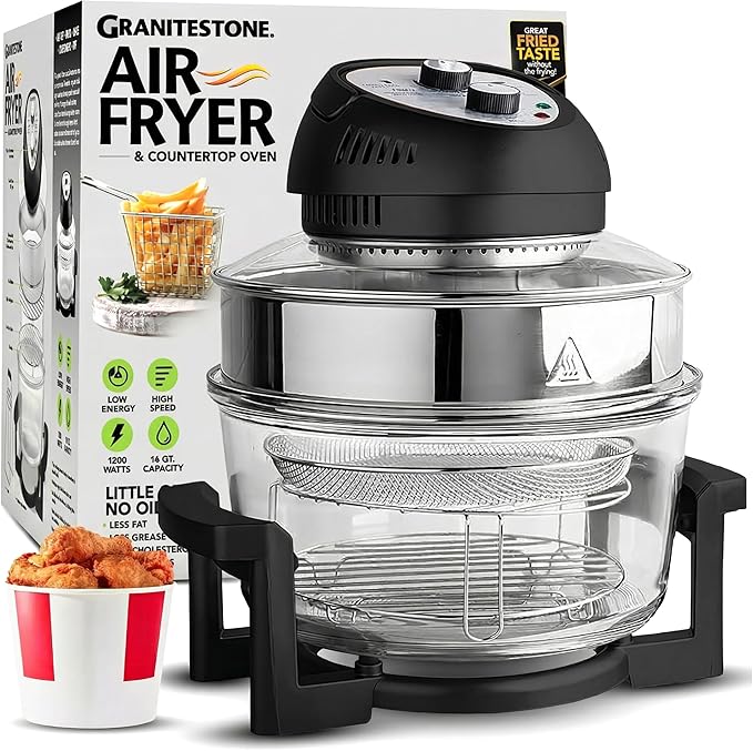 Granitestone 16Qt Large Glass Air Fryer Non Toxic – Family Sized Airfyrer Cooker with 3 Cooking Sections, Stainless Steel Racks, for French Fries, Chicken, No Preheat, Self Cleaning, Dishwasher Safe