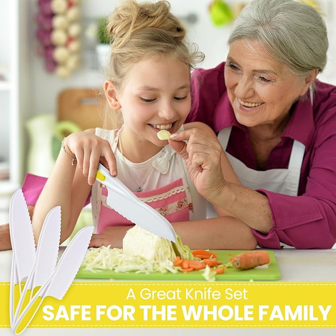 Zulay 3-Piece Kids Knife Set for Real Cooking & Baking - Toddler Knives for Cutting Fruits, Veggies, & Cake - Children’s Montessori Knife with Serrated Edges - Safe & Fun Lettuce Knife (Yellow)