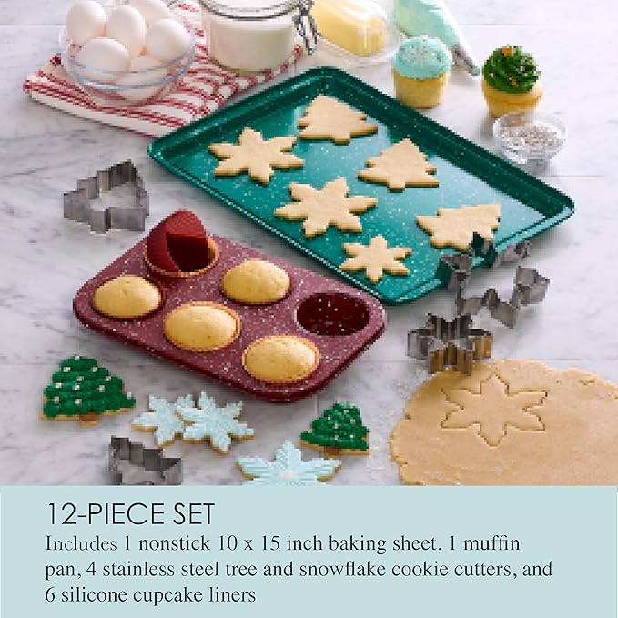 Chicago Metallic 12 Piece Holiday Baking Set, Perfect For Baking Holiday Cookies, Cupcakes, Muffins, and Much More