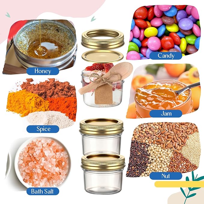 Baderke 20 Set Mini Mason Jars with Wood Spoon 4 oz Mini Jam Jars with Lids and Labels, Small Glass Canning for Jelly Spice Herbs Honey Storage Bridal Shower Wedding Favors DIY Candles (Gold)