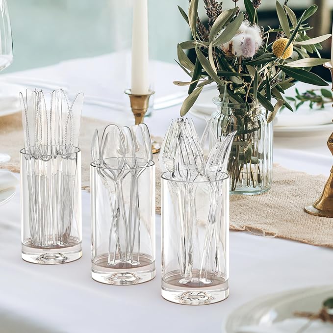 300 Count Extra Heavy Duty Clear Plastic Silverware, 100 Forks, 100 Spoons, 100 Knives, BPA-Free, Heat Resistant, Disposable Plastic Utensils Set, Plastic Cutlery Set, Plasticware Bulk