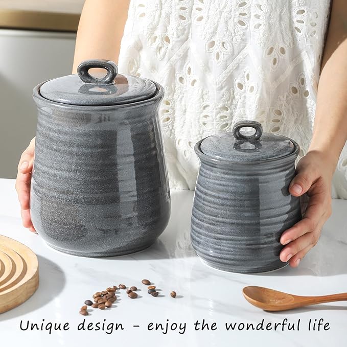 HASENSE Food Storage Contaister with Lid, Ceramic Airtight Sugar Canister for Kitchen, Small Coffee Cookie Jar for Grounds Coffee, Beans, Tea, Flour, Cereal, 30 FL OZ(Grey)