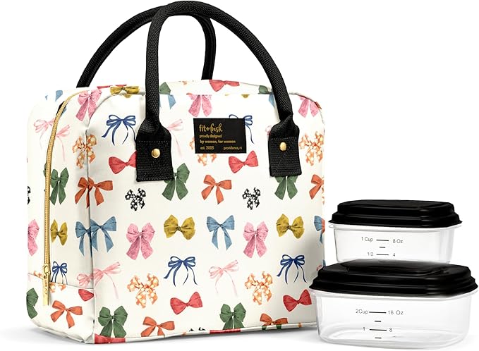 Fit & Fresh Bloomington Lunch Bag for Women - Insulated Large Lunch Box for Work with Containers, Leak-Resistant, Stain-Resistant, Zipper Closure, Fall Bows