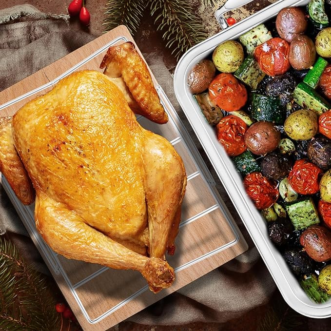 QPMR Roasting Pan with Cooling Rack - Stainless Steel Large Turkey Roaster Pan for Turkey, Chicken, Ham Roaster with V-Shaped Baking Rack Heavy Duty Dishwasher Safe