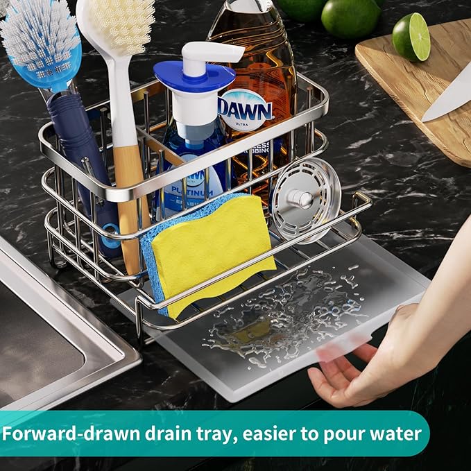 HapiRm 4 Tier Over the Door Shower Caddy + Multifunctional Kitchen Sink Caddy with Drain Tray - Black, Silver