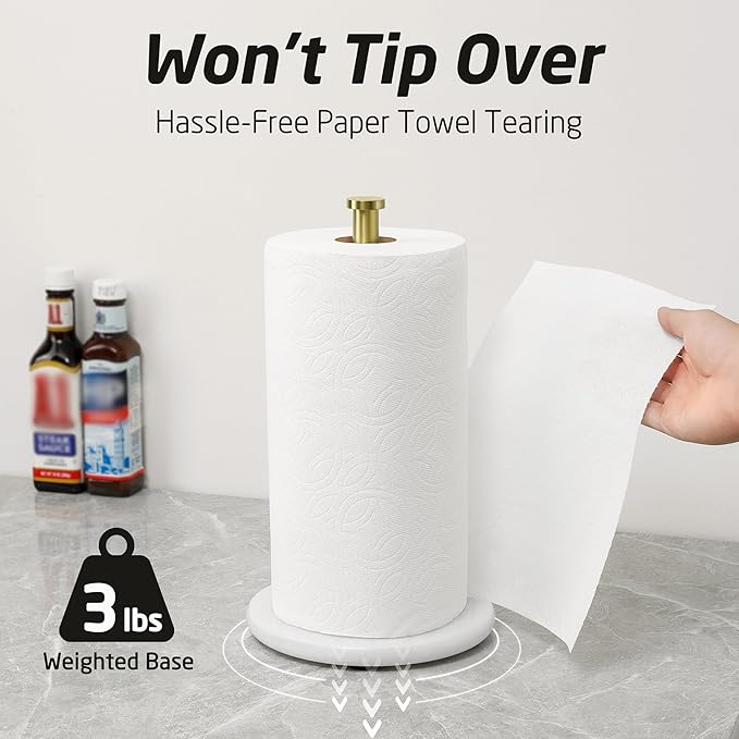 KES Marble Paper Towel Holder Gold Countertop, Kitchen Standing Paper Towel Holders Marble Base Standard or Jumbo-Sized Rolls Brushed Gold, KPH100-BZ