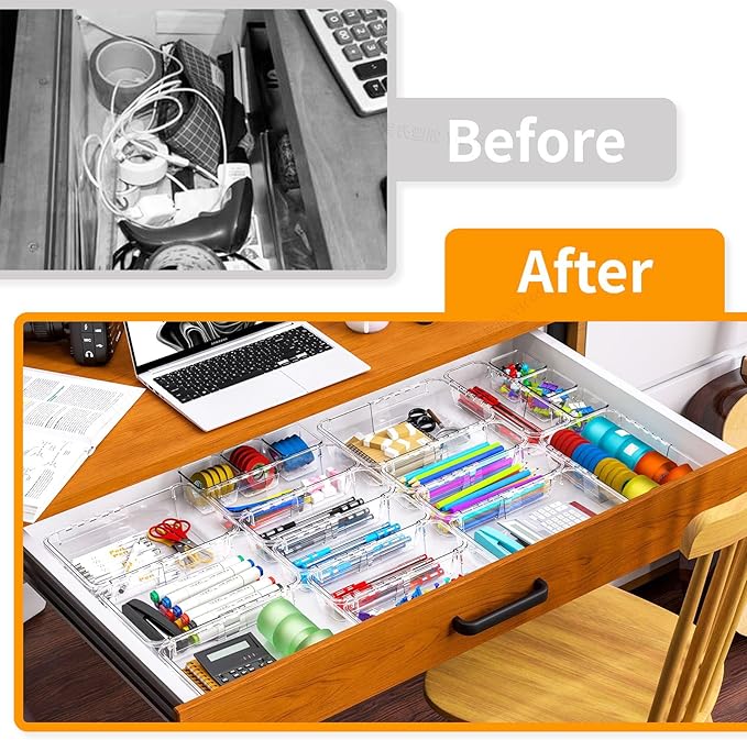 16 Pcs Extendable Clear Drawer Organizer, All Adjustable Vanity Storage Box, 2-Size Desk Drawer Organizer, Durable Storage Bins for Makeup, Cosmetic, Bedroom Dressers Tool Organizer for Gadgets