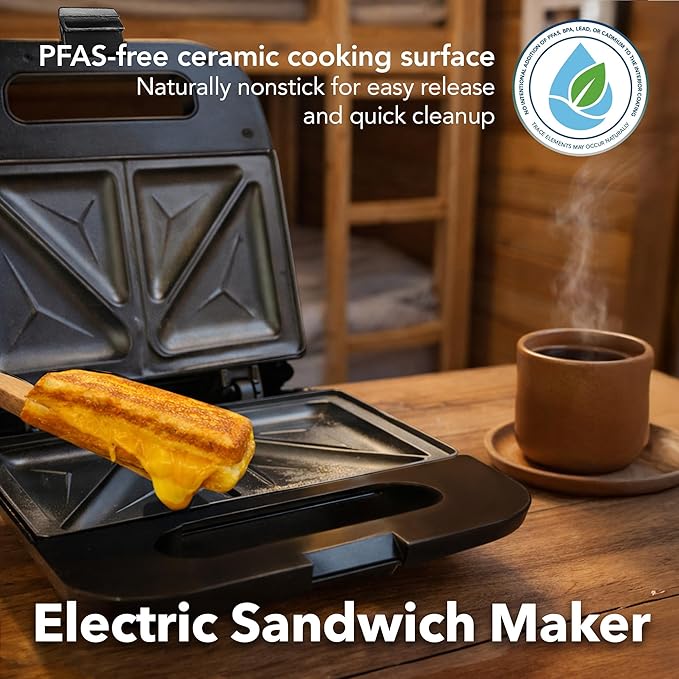 OVENTE Electric Sandwich Maker with Non-Stick Plates, Indicator Lights, Cool Touch Handle, Easy to Clean and Store, Perfect for Cooking Breakfast, Grilled Cheese, Tuna Melts and Snacks, Black GPS401B