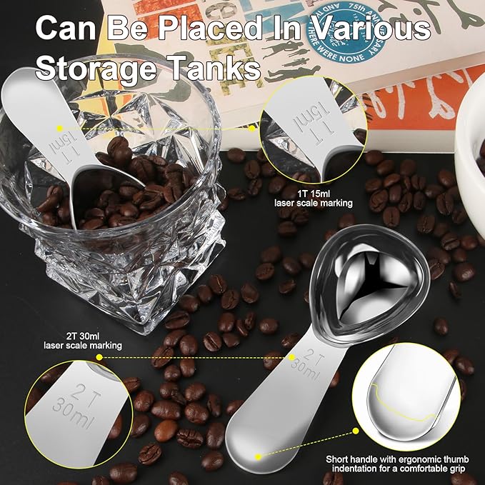 Safring Coffee Scoop Set, Tablespoon Scoop 2 Pc Set (1 Tbsp & 2 Tbsp), Stainless Steel Measuring Spoons for Ground Coffee with Short Handles, for Tea, Sugar, or Flour
