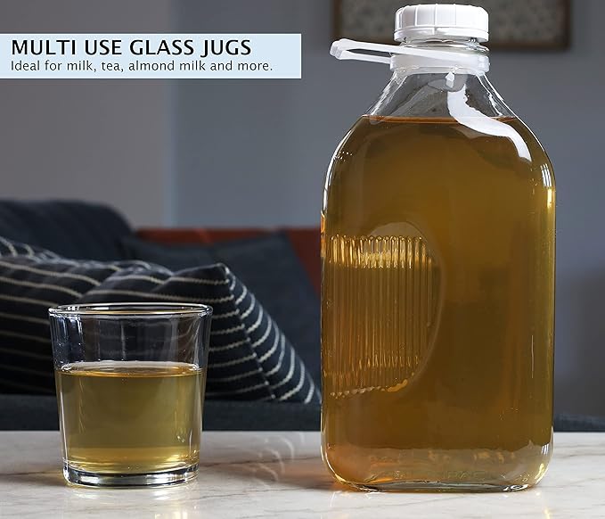 The Dairy Shoppe Glass Milk Bottle, Heavy Glass with 48 mm Extra Lid, Creamery Style (64 oz/4 pk, Half Gallon)