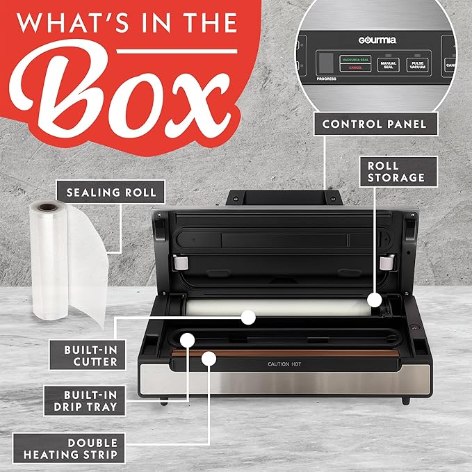 Gourmia Vacuum Sealer – Food Preservation System with Marinate Mode and Vacuum Hose, Pulse Control, LED Display, Built-In Cutter, Gentle & Normal Vacuum Options, Stainless Steel