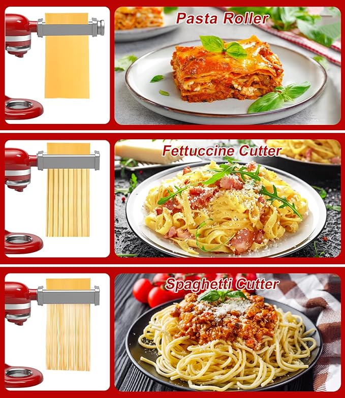 3 PCS Pasta Maker Attachments for All KitchenAid Stand Mixers, Pasta Accessories Including Pasta Roller, Fettuccine Cutter, and Spaghetti Cutter for Noodle Ravioli, 304 Stainless Steel,Cleaning Brush