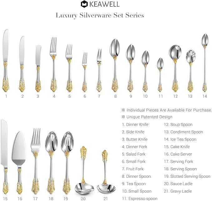 KEAWELL Luxury 45 Pieces 18/10 Stainless Steel Flatware set, Service for 8, silver plated with gold accents, Fine Silverware set and Dishwasher Safe