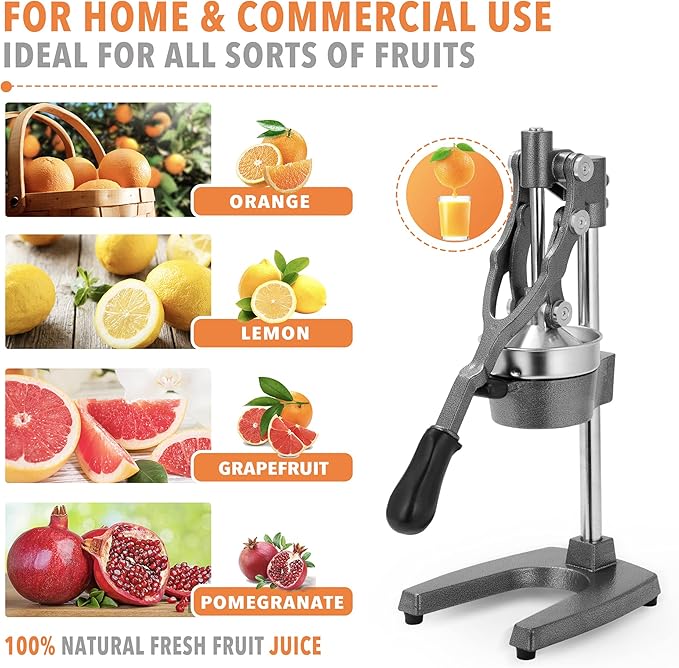 19 Inch Height Extra Tall Commercial Heavy Duty Cast Iron Hand Press Manual Orange Citrus Lemon Lime Grapefruit Pomegranate Fruit Juice Squeezer Machine with Stainless Steel Cup Grey