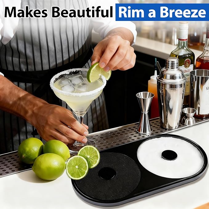 Margarita Salt Rimmer Set, 2 Pack Bar Salt and Sugar Rimmer with Sponge, 2-in-1 Bar Glass Cocktail Rim Set, Dishwasher Safe Black Barware Tools for Margarita Mojitos (Black)