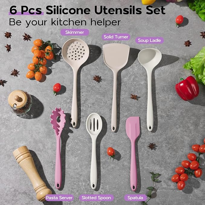 Onader Silicone Cooking Utensils Set, 6 Pcs Kitchen Utensils for Cooking, Heat Resistant Kitchen Gadgets Tools Set for Nonstick Cookware - 3 Mixed Color (Khaki & Pink & White)