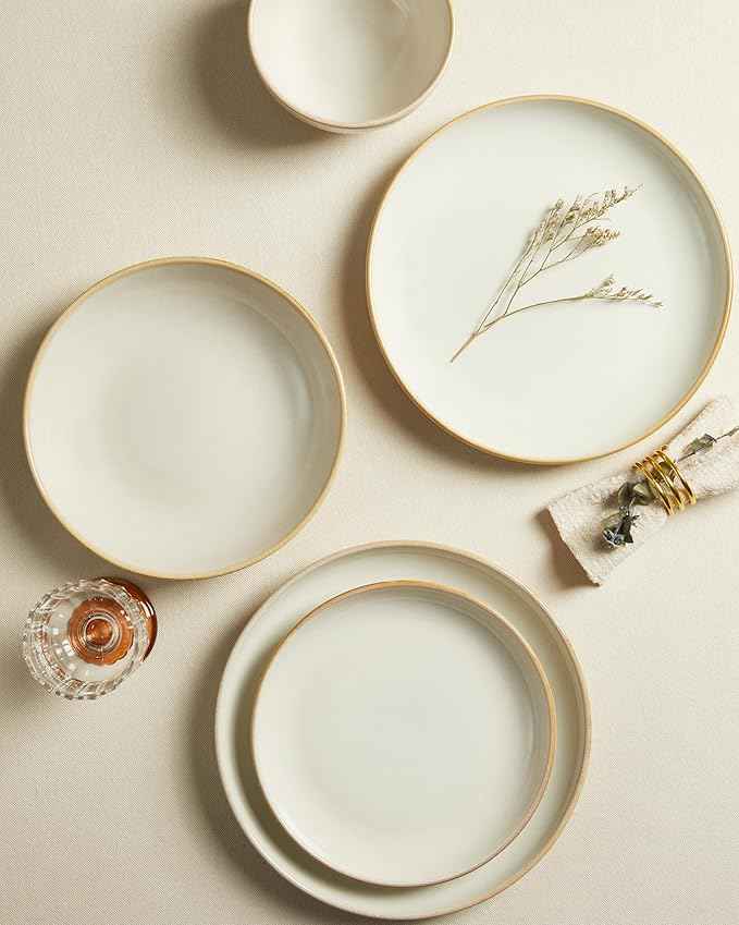 32 Piece Double Bowl Dinnerware Sets with Pasta Bowls, Highly Chip and Crack Resistant Plates and Bowls Sets, Natural Earthyware Ceramic Dishware Sets, Service for 8 Yellow White