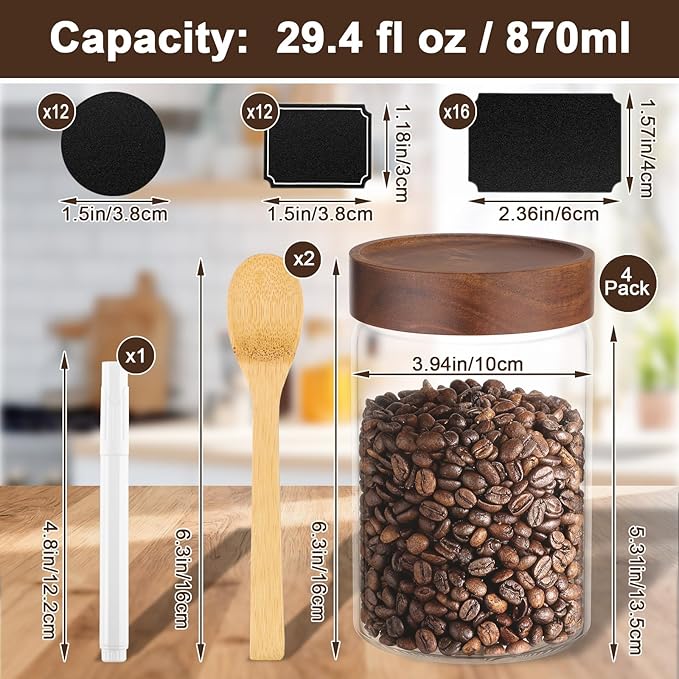 Glass Jar with Wood Lid, 4 Pack 29oz Glass Jars with Airtight Screw Lids, Wide Mouth Coffee and Sugar Containers, Clear Food Storage Canister for Flour, Tea, Oatmeal, Seasoning, Cookie, Candy