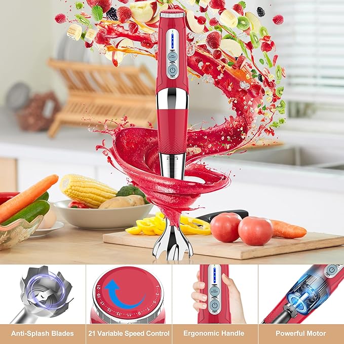 Toogel Cordless Immersion Blender, 4-in-1 Electric Hand Blender with 21-Speed & 3-Angle Adjust, USB Rechargeable, BPA-Free & Dishwasher Safe for Baby Food, Smoothies, Soup (Red)