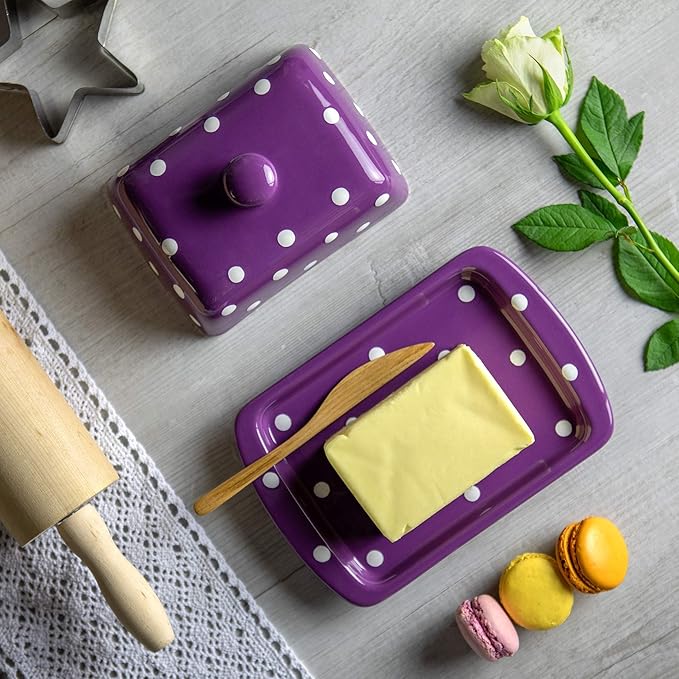 City to Cottage Large Butter Dish with Lid for Countertop, Ceramic Butter Keeper, Butter Container with Knob Handle, Butter Holder Tray with Cover, Handcrafted Purple Polka Dot Butter Dish