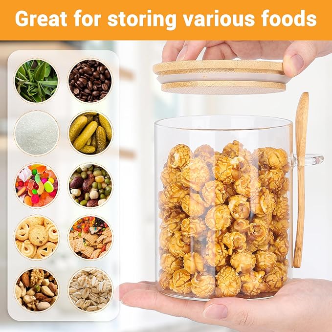 Glass Jars with Bamboo Lids and Spoon - 6 Pack 26 Fl.oz Round Glass Canister with Airtight Lid, Includes Labels and Marker, Flour Sugar Containers Jar for Loose Tea, Cereal, Coffee Bean, Cookie