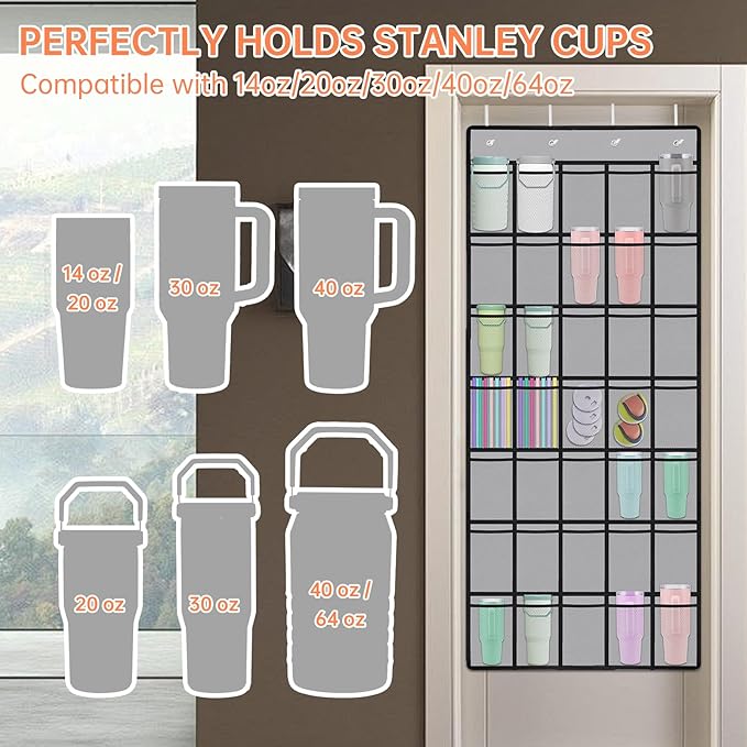 NiHome Multi-Functional 35 Pockets Door Hanging Organizer for Stanley Tumbler in Kitchen, Pantry, Bathroom, Large Capacity Elastic Mesh Secure Storage Water Bottle Cup Holder, Foldable for Home (Gray)
