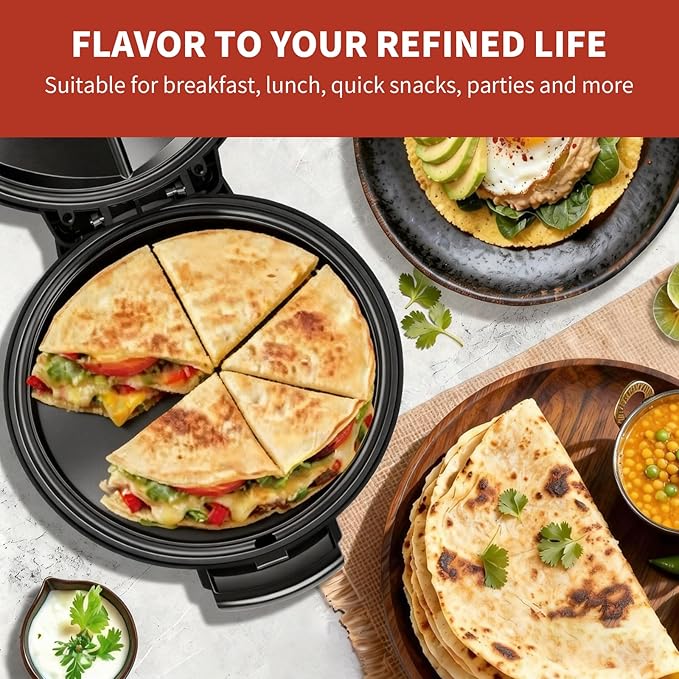 Electric Quesadilla Maker, 9.5'' Quesadilla Press with Easy Slice 6 Wedge, Non Stick Surface, Locking Latch For Extra Stuffing, Grilled Cheese Corn Flour Tortilla Snacks