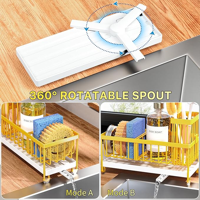 Cisily Sponge Holder for Kitchen Sink, Sink Caddy Organizer with High Brush Holder, Kitchen Countertop Organizers, 304 Stainless Steel, Lemon Yellow Kitchen Decor and Accessories