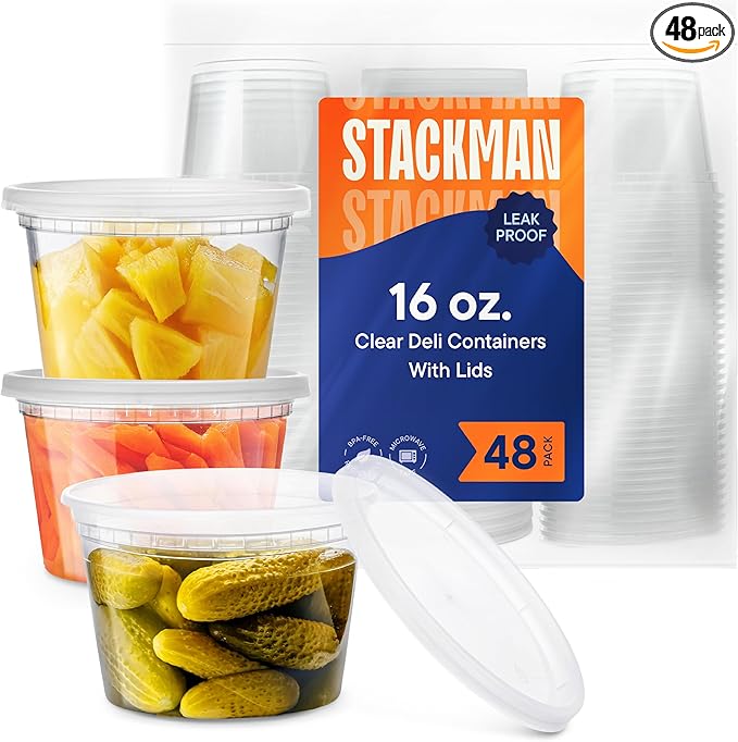 Stack Man Deli Containers with Lids [48 Sets - 16 oz.] Pint Plastic Soup Container - Disposable Deli Food Storage Containers with Airtight Lids for Freezer & Restaurant Takeout