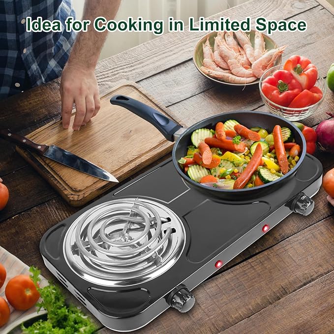 Double Burner Cooktop, 2000W Portable Electric Stove, 5 Level Temperature Control, 6” Heating Coil, Easy to Clean, Power Indicator Lights, Coil Hot Plate for Home Dorm Camping Cooking