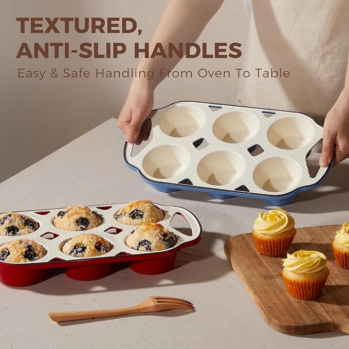 HONGBAKE Everline Collection Enameled Cast Iron Muffin Pan, Non Tocix Naturally Muffin Tin 6, Non Stick Cup Cake Pans for Baking, Oven & Stovetop Safe, Standard Size, 2 Pack, Red