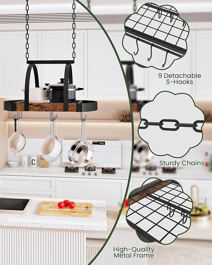 CHOEZON Hanging Pot Rack, Pot Hanger for Kitchen, Ceiling Mounted Pot Holder, Cookware Organizer with 9 S-Shaped Hooks, for Pot, Pan Storage, Space-Saving, Rustic Brown and Black TPR07BF
