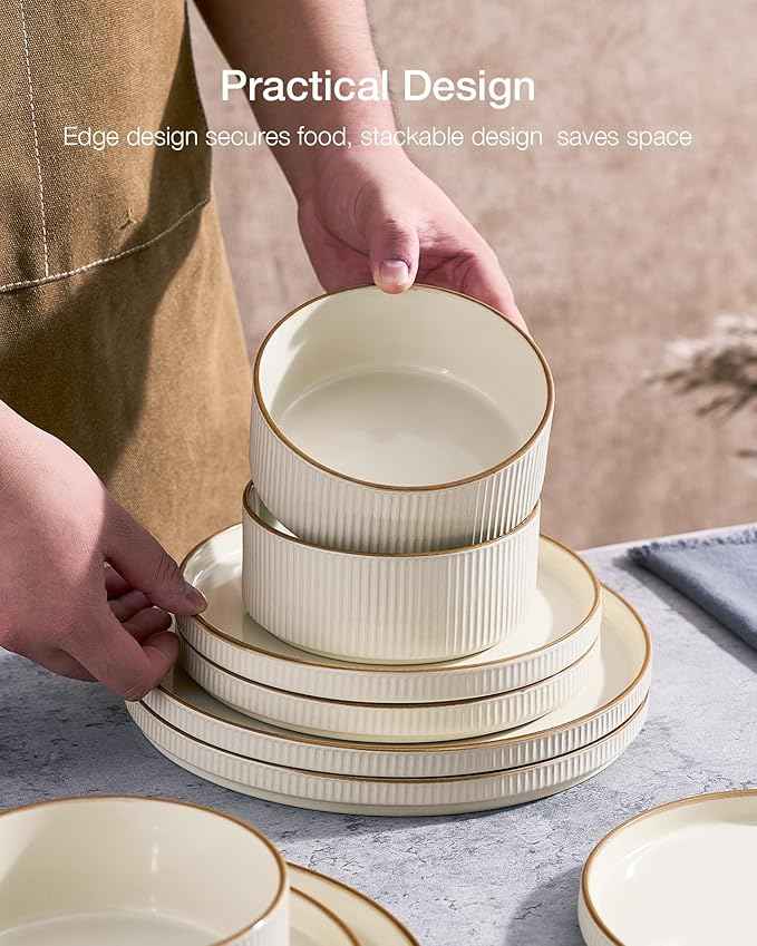 Famiware Star Dinnerware Set, Plates and Bowls Sets for 4 (12pcs), Ribbed Stoneware Dishes with Trim - Chip & Scratch Resistant, Microwave & Dishwasher Safe, Cream
