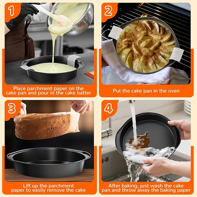 9 Inch Round Cake Pan with Handle, 3PCS Nonstick Cake Pans with 100 PCS Parchment Paper