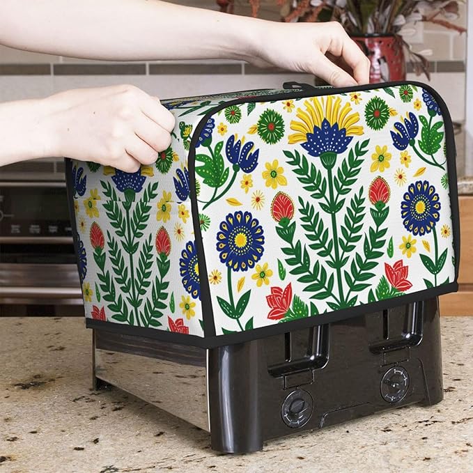 Mexican Folk Flowers Toaster Cover 2 Slice, Cute Rural Bread Machine Cover, Washable Dust-Proof Cover for Kitchen Small Appliance Cover,with Top Handle