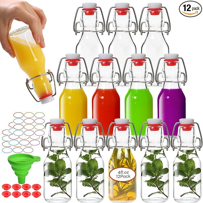 AuroTrends Swing Top Glass Bottles 4 oz 12Pack, Flip Top Glass Bottles with Airtight Flip Lids for Vanilla Extract Bottles/Home Brewing/Beverages/Oil (4 fl. oz, Set of 12)